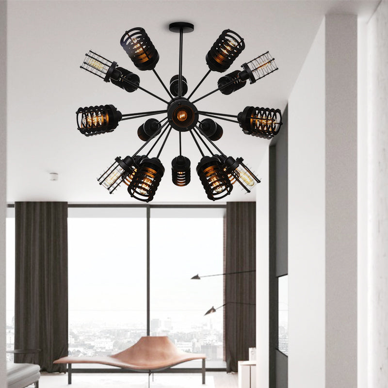 Vintage Black Chandelier Light: Starburst Metal with 9/12/15 Heads & Cylinder Frame Shade for Bedroom