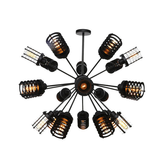 Vintage Black Chandelier Light: Starburst Metal with 9/12/15 Heads & Cylinder Frame Shade for Bedroom