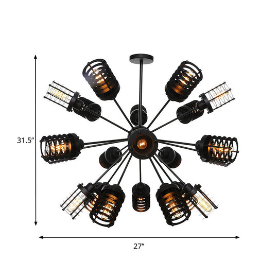 Vintage Black Chandelier Light: Starburst Metal with 9/12/15 Heads & Cylinder Frame Shade for Bedroom