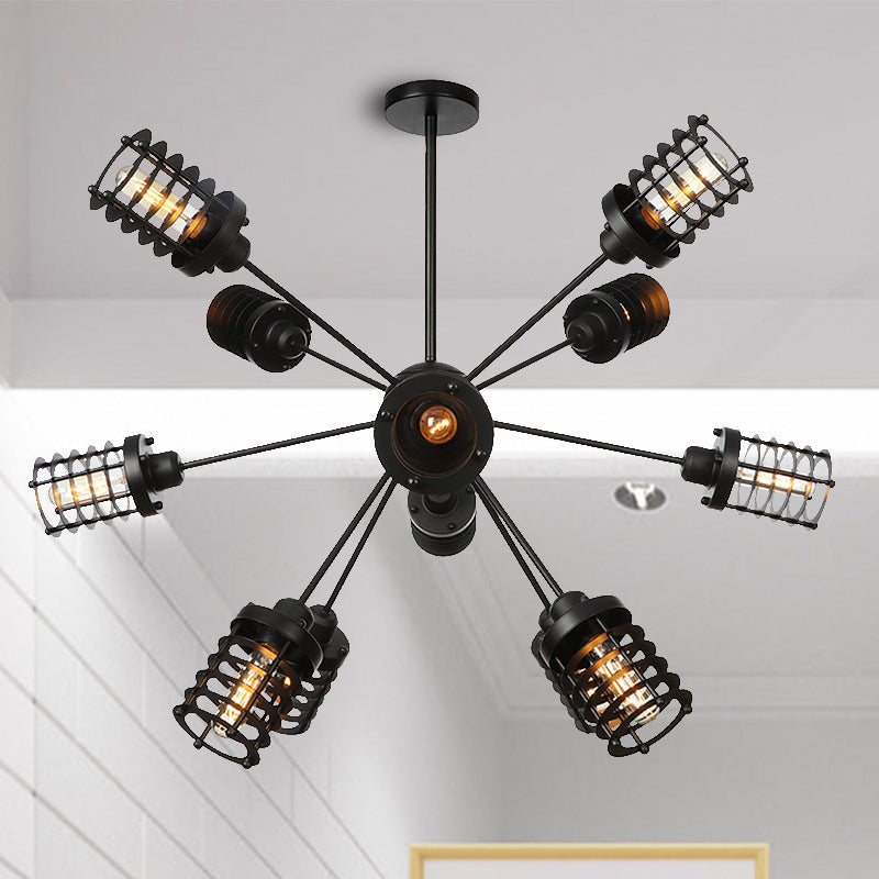 Vintage Black Chandelier Light: Starburst Metal with 9/12/15 Heads & Cylinder Frame Shade for Bedroom