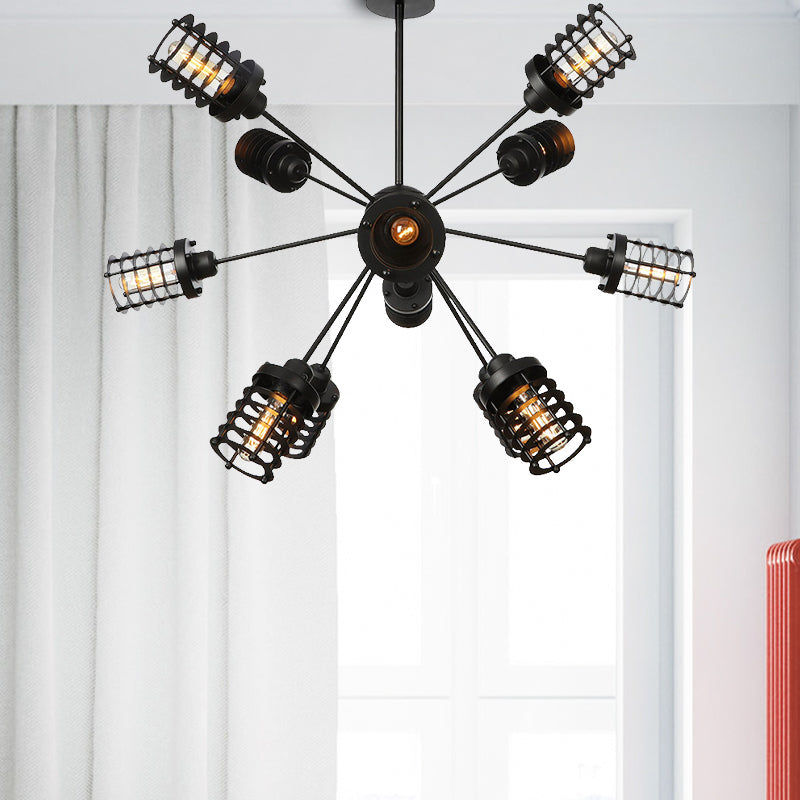 Vintage Black Chandelier Light: Starburst Metal with 9/12/15 Heads & Cylinder Frame Shade for Bedroom