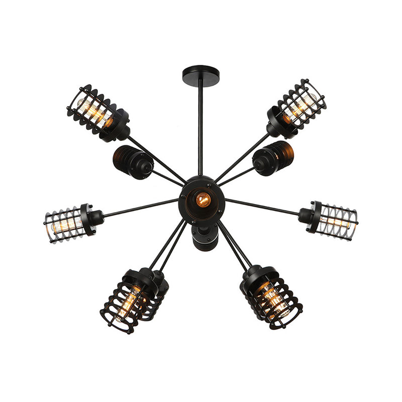 Vintage Black Chandelier Light: Starburst Metal with 9/12/15 Heads & Cylinder Frame Shade for Bedroom