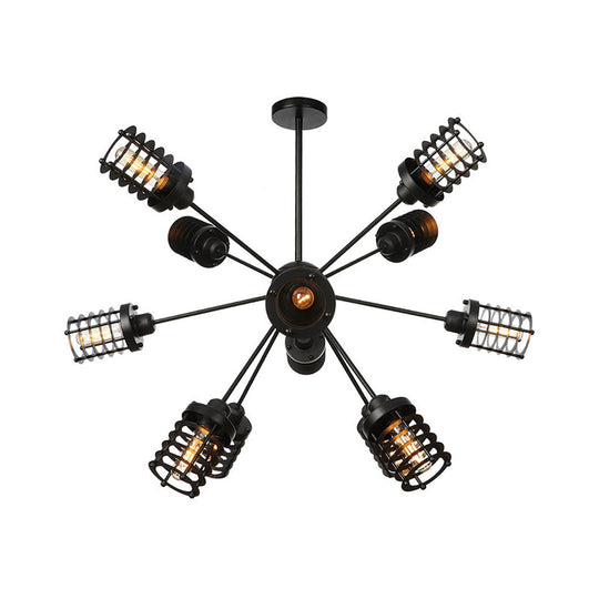 Vintage Black Chandelier Light: Starburst Metal with 9/12/15 Heads & Cylinder Frame Shade for Bedroom