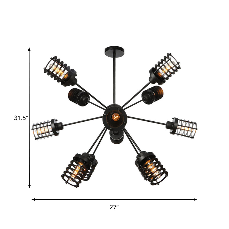 Vintage Black Chandelier Light: Starburst Metal with 9/12/15 Heads & Cylinder Frame Shade for Bedroom