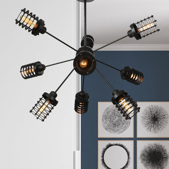 Vintage Black Chandelier Light: Starburst Metal with 9/12/15 Heads & Cylinder Frame Shade for Bedroom