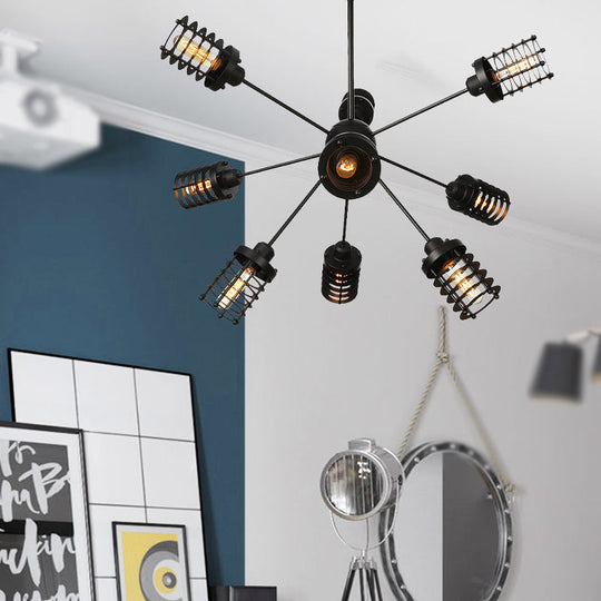 Vintage Black Chandelier Light: Starburst Metal with 9/12/15 Heads & Cylinder Frame Shade for Bedroom