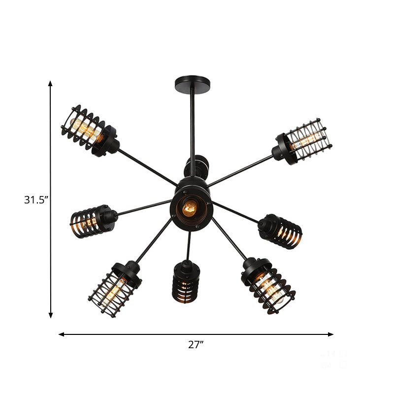 Vintage Black Chandelier Light: Starburst Metal with 9/12/15 Heads & Cylinder Frame Shade for Bedroom