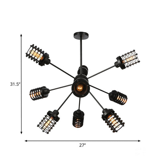 Vintage Hanging Starburst Chandelier Light With Cylinder Frame Shade - 9/12/15 Metal Heads In Black