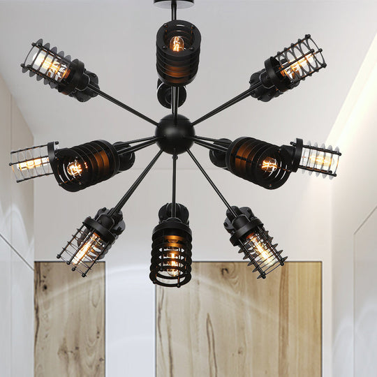 Vintage Black Chandelier Light: Starburst Metal with 9/12/15 Heads & Cylinder Frame Shade for Bedroom