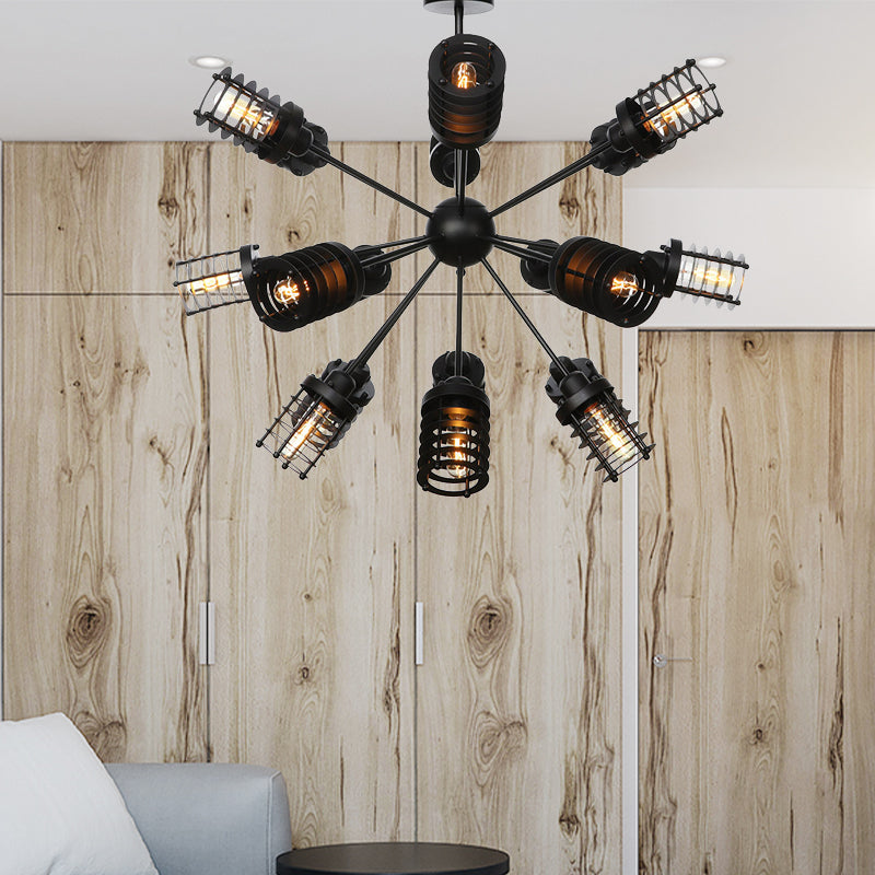 Vintage Black Chandelier Light: Starburst Metal with 9/12/15 Heads & Cylinder Frame Shade for Bedroom