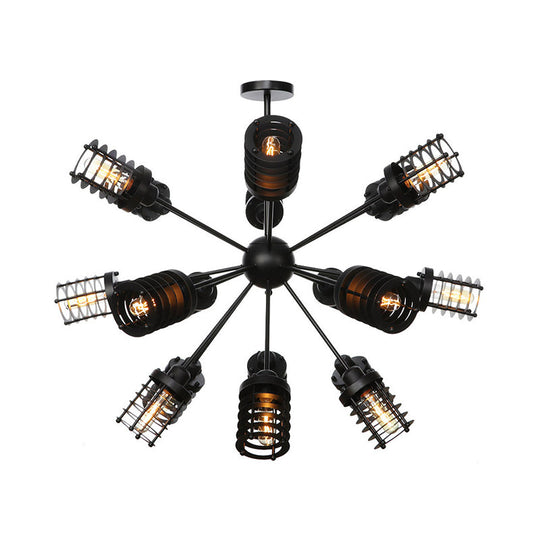 Vintage Black Chandelier Light: Starburst Metal with 9/12/15 Heads & Cylinder Frame Shade for Bedroom