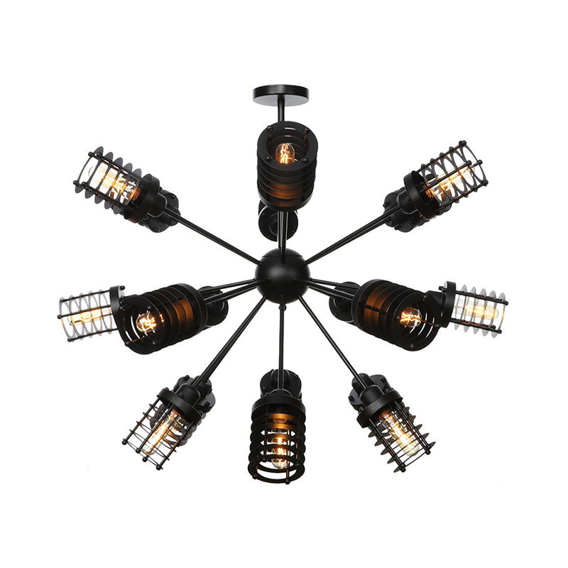 Vintage Hanging Starburst Chandelier Light With Cylinder Frame Shade - 9/12/15 Metal Heads In Black