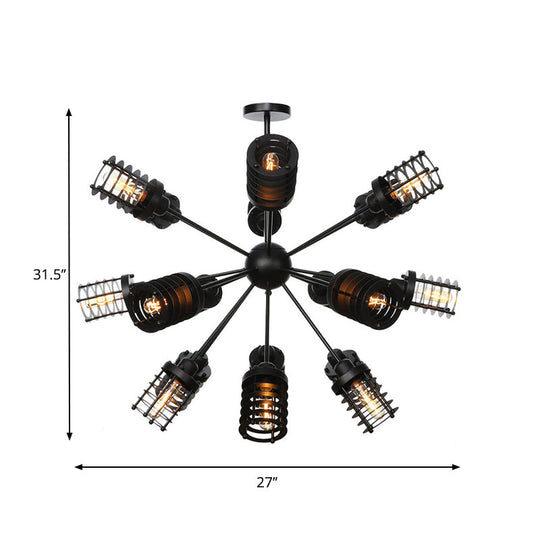 Vintage Black Chandelier Light: Starburst Metal with 9/12/15 Heads & Cylinder Frame Shade for Bedroom