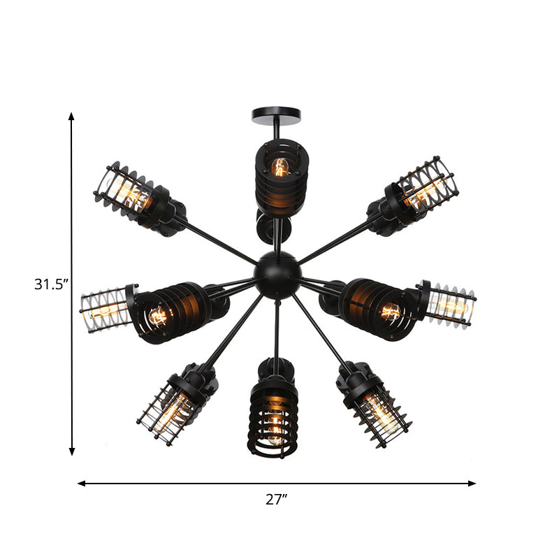 Vintage Hanging Starburst Chandelier Light With Cylinder Frame Shade - 9/12/15 Metal Heads In Black