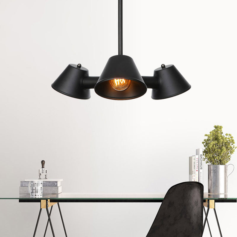 Stylish Black Industrial Chandelier with Conical Metal Shade - 3 Lights Indoor Ceiling Lamp