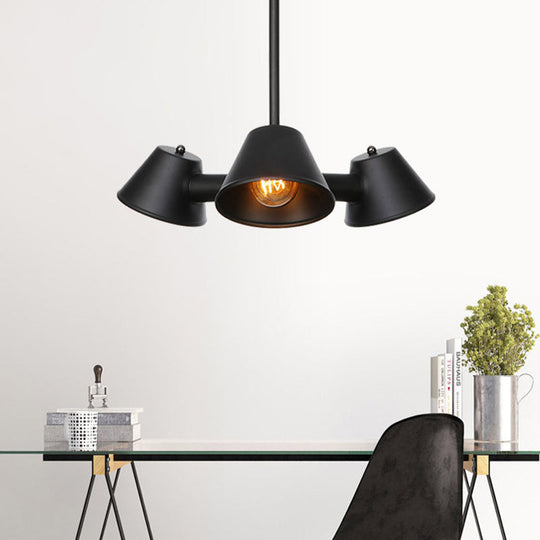 Stylish Industrial Chandelier With Conical Metal Shades And 3 Lights