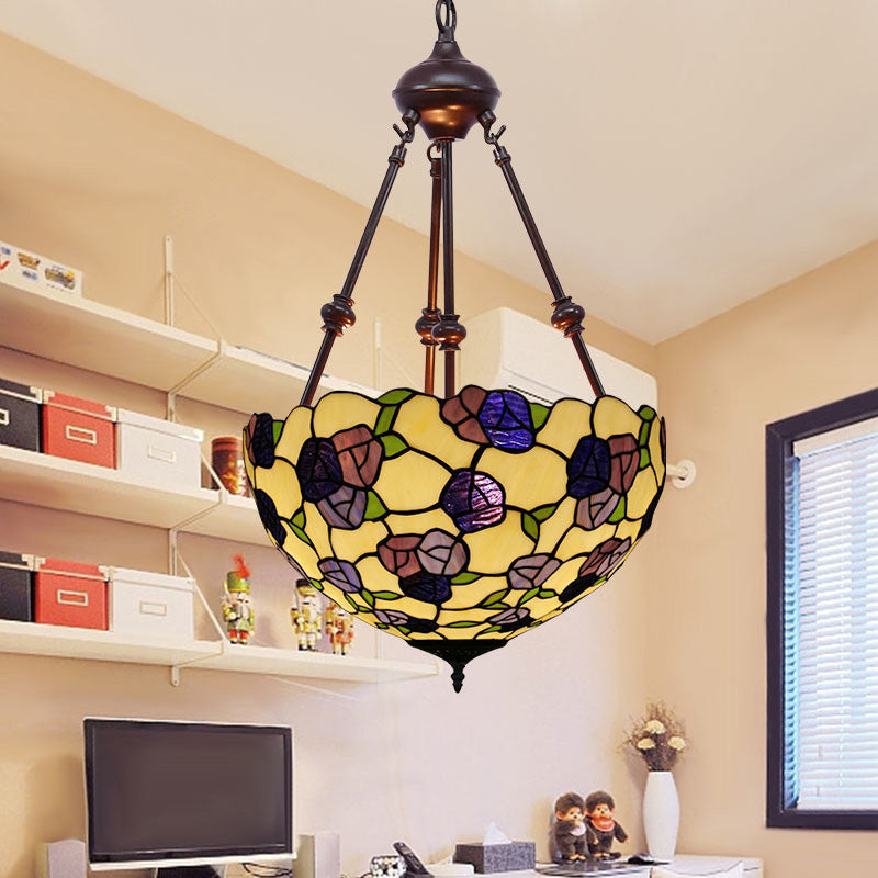 Hand Cut Glass Victorian Bowl Chandelier - 2 Lights, Red/Pink/Purple - Bedroom Pendant Lamp