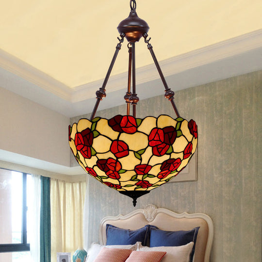 Hand Cut Glass Victorian Bowl Chandelier - 2 Lights, Red/Pink/Purple - Bedroom Pendant Lamp