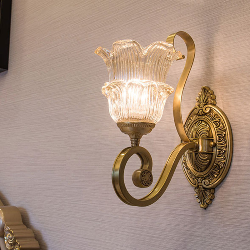 Vintage Brass Floral Sconce Light Fixture With Clear Prismatic Glass - Led Wall Mounted Lamp For