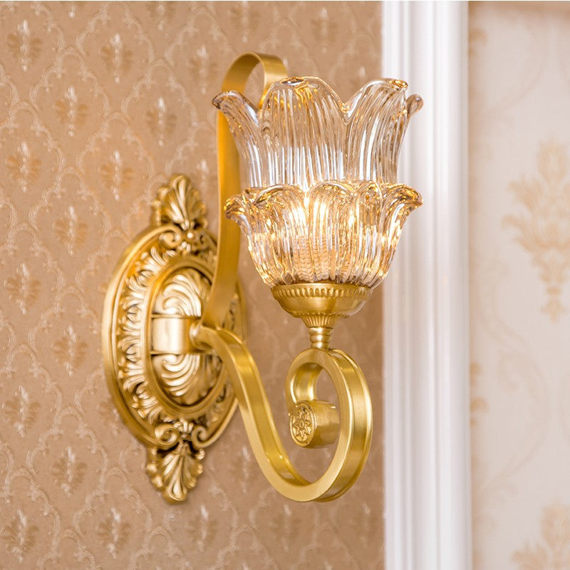 Vintage Brass Floral Sconce Light Fixture With Clear Prismatic Glass - Led Wall Mounted Lamp For