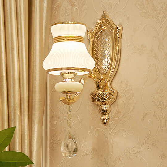 Opal Glass Bell Wall Light Retro Led Sconce Brass Hallway Lighting With Crystal Drop