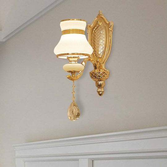 Opal Glass Bell Wall Light Retro Led Sconce Brass Hallway Lighting With Crystal Drop