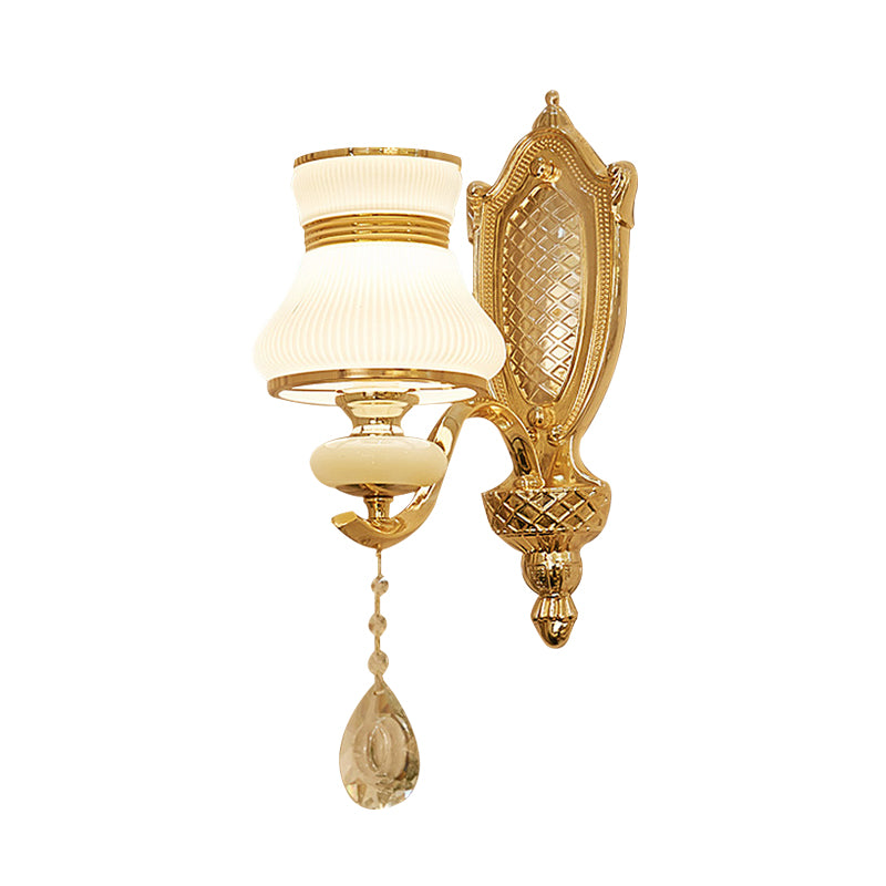 Opal Glass Bell Wall Light Retro Led Sconce Brass Hallway Lighting With Crystal Drop