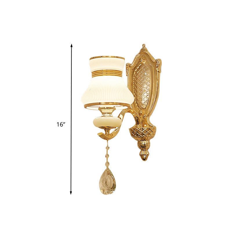 Opal Glass Bell Wall Light Retro Led Sconce Brass Hallway Lighting With Crystal Drop