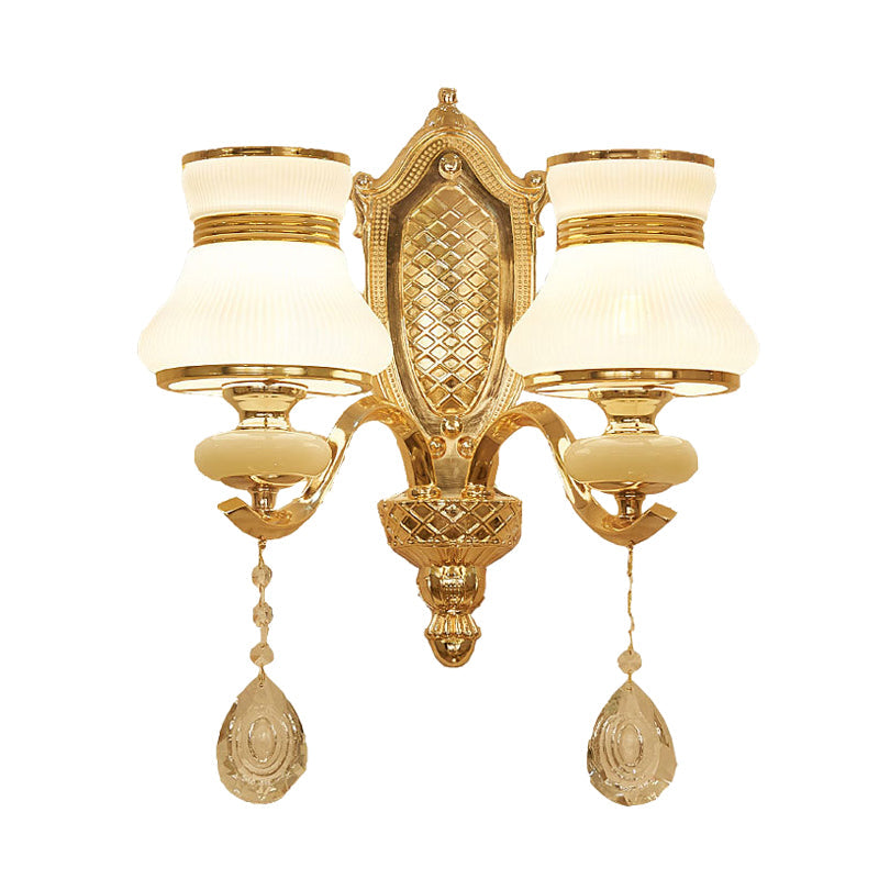 Opal Glass Bell Wall Light Retro Led Sconce Brass Hallway Lighting With Crystal Drop