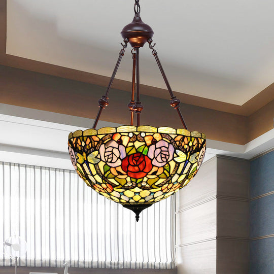 Tiffany Style 2-Light Flower Bush Chandelier Lamp with Stained Glass Pendant - Red/Yellow/Purple