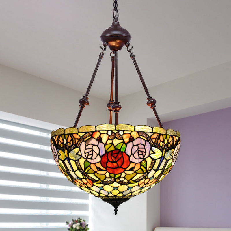 Tiffany Style 2-Light Flower Bush Chandelier Lamp with Stained Glass Pendant - Red/Yellow/Purple