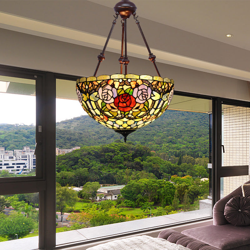 Tiffany Style 2-Light Flower Bush Chandelier Lamp with Stained Glass Pendant - Red/Yellow/Purple