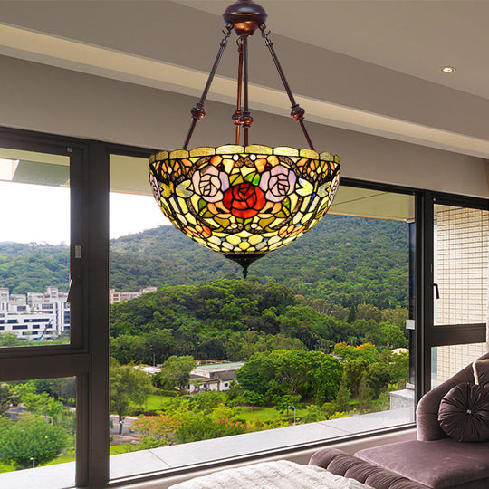 Tiffany Inspired 2-Light Flower Bush Chandelier Pendant Lamp In Red/Yellow/Purple Stained Glass