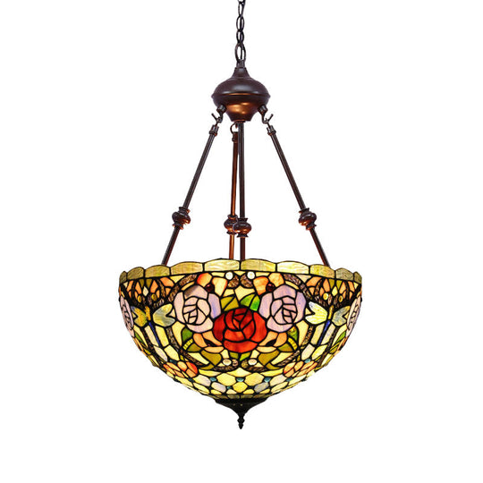 Tiffany Style 2-Light Flower Bush Chandelier Lamp with Stained Glass Pendant - Red/Yellow/Purple