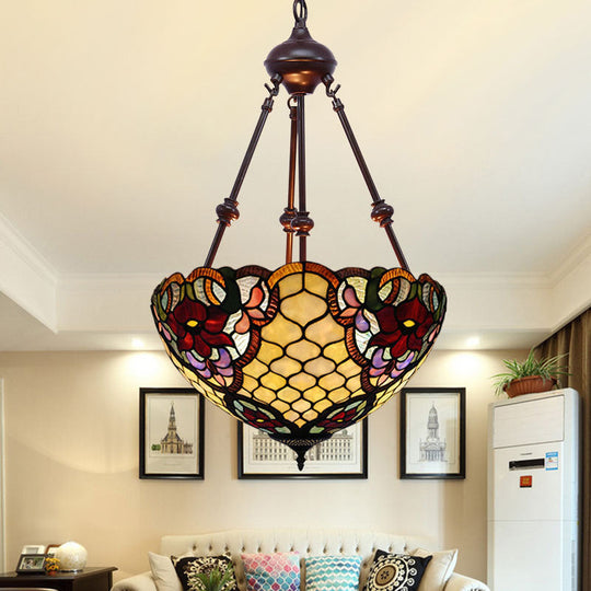 Tiffany Style 2-Light Flower Bush Chandelier Lamp with Stained Glass Pendant - Red/Yellow/Purple