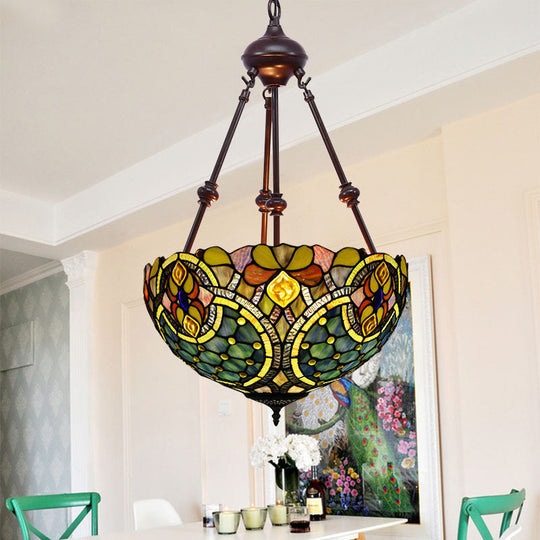 Tiffany Style 2-Light Flower Bush Chandelier Lamp with Stained Glass Pendant - Red/Yellow/Purple