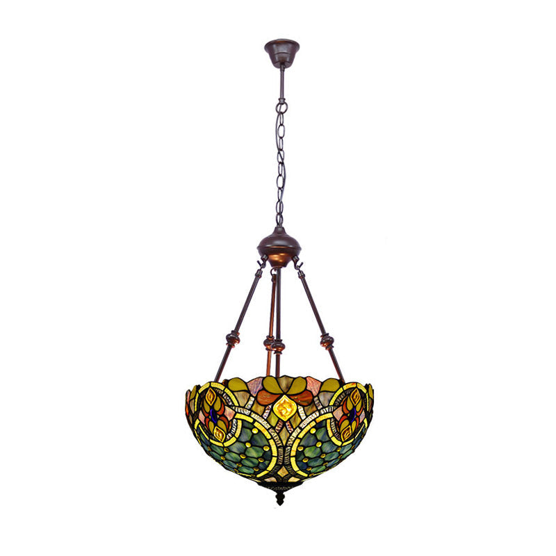 Tiffany Style 2-Light Flower Bush Chandelier Lamp with Stained Glass Pendant - Red/Yellow/Purple