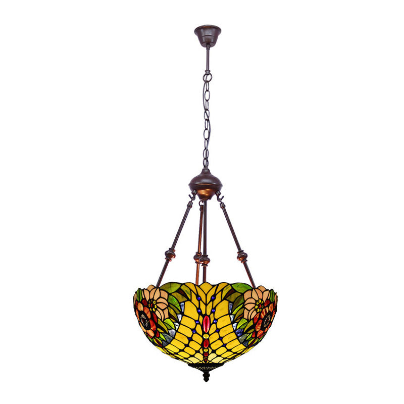 Tiffany Inspired 2-Light Flower Bush Chandelier Pendant Lamp In Red/Yellow/Purple Stained Glass