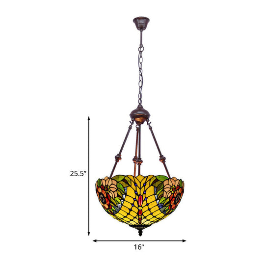 Tiffany Style 2-Light Flower Bush Chandelier Lamp with Stained Glass Pendant - Red/Yellow/Purple