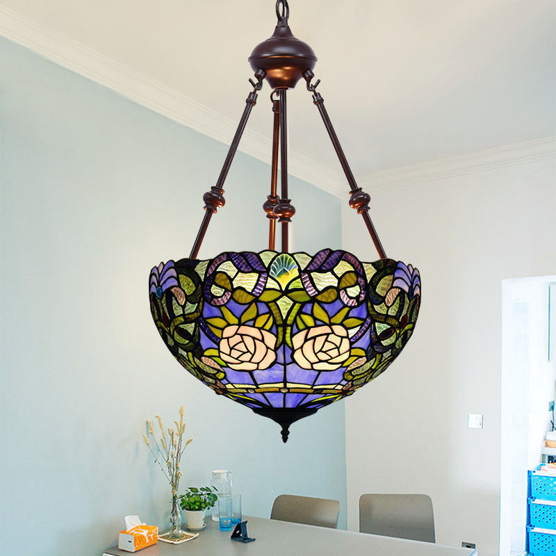 Tiffany Style 2-Light Flower Bush Chandelier Lamp with Stained Glass Pendant - Red/Yellow/Purple