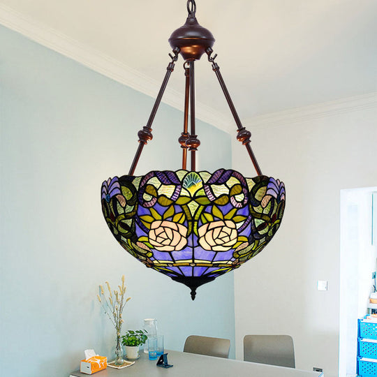 Tiffany Style 2-Light Flower Bush Chandelier Lamp with Stained Glass Pendant - Red/Yellow/Purple