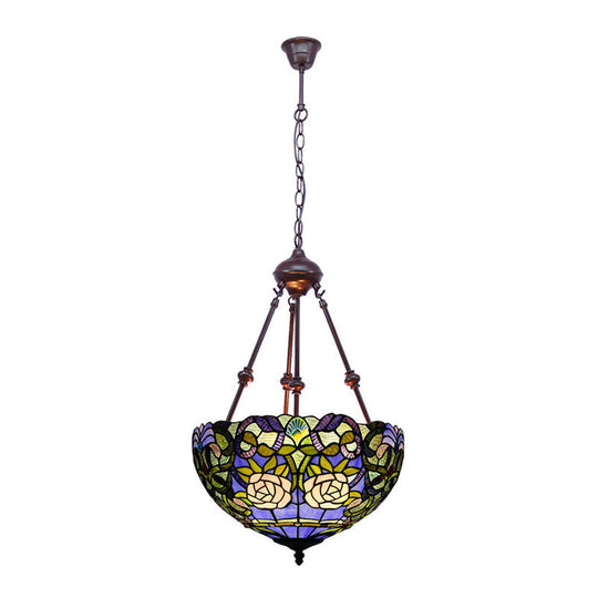 Tiffany Style 2-Light Flower Bush Chandelier Lamp with Stained Glass Pendant - Red/Yellow/Purple