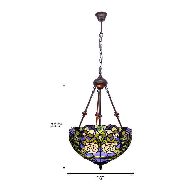 Tiffany Style 2-Light Flower Bush Chandelier Lamp with Stained Glass Pendant - Red/Yellow/Purple