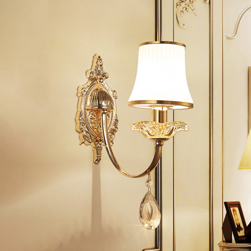 Traditional Brass Wall Sconce With Frosted White Glass And Crystal Accents 1 /