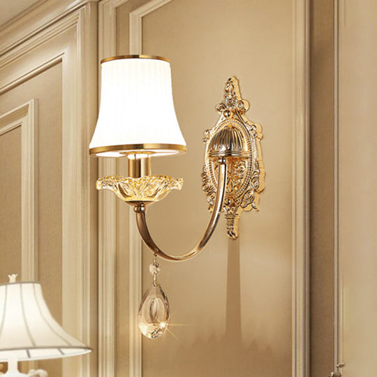 Traditional Brass Wall Sconce With Frosted White Glass And Crystal Accents