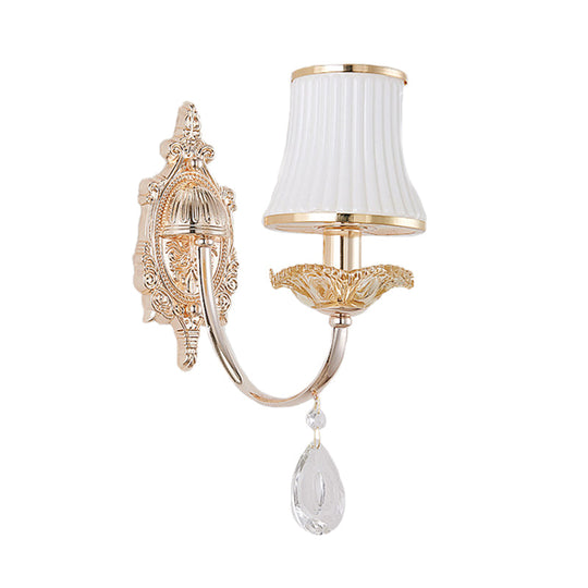 Traditional Brass Wall Sconce With Frosted White Glass And Crystal Accents