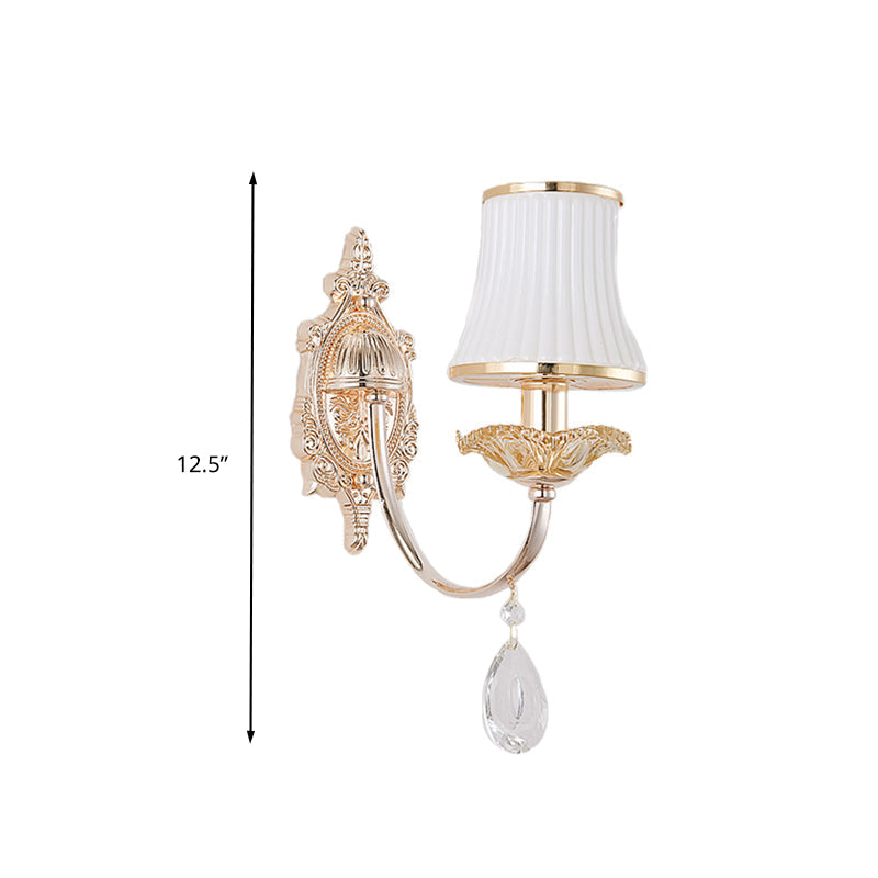 Traditional Brass Wall Sconce With Frosted White Glass And Crystal Accents