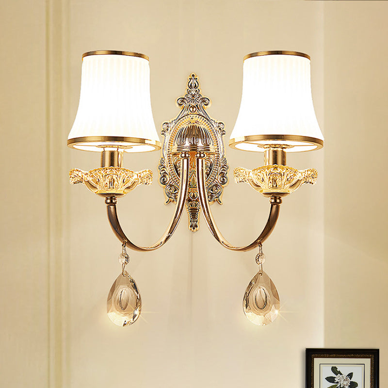 Traditional Brass Wall Sconce With Frosted White Glass And Crystal Accents 2 /