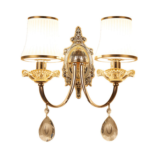 Traditional Brass Wall Sconce With Frosted White Glass And Crystal Accents