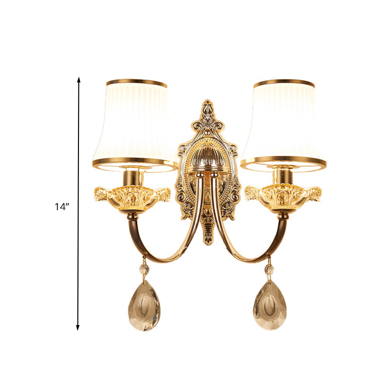 Traditional Brass Wall Sconce With Frosted White Glass And Crystal Accents